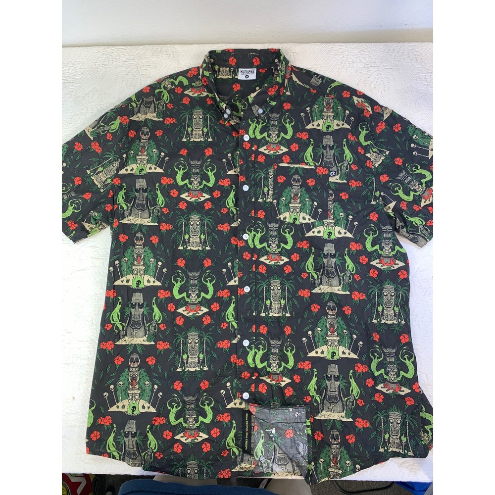 Creepy Co Mens Tiki Spooky Ghost Skull Tropical Hibiscus Button Down Shirt 2X